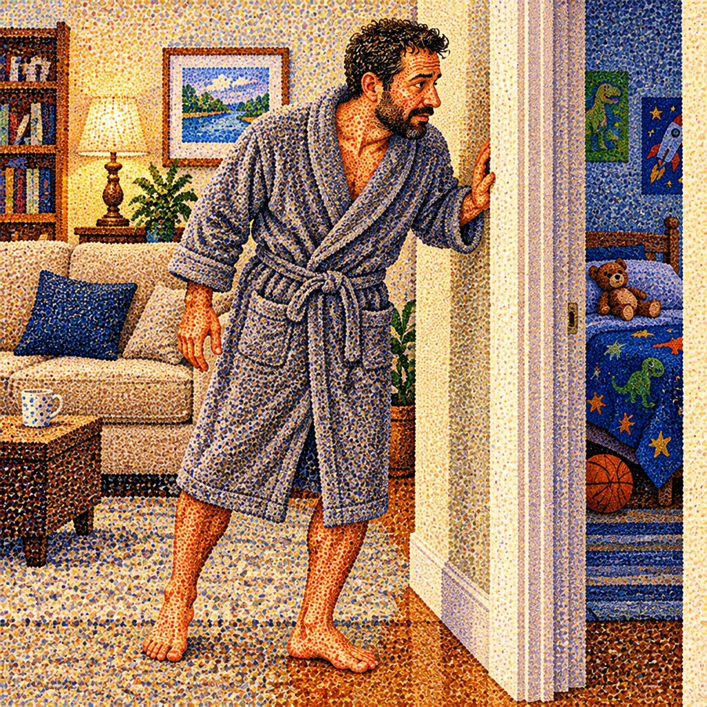 a painting of a man in a robe opening a door