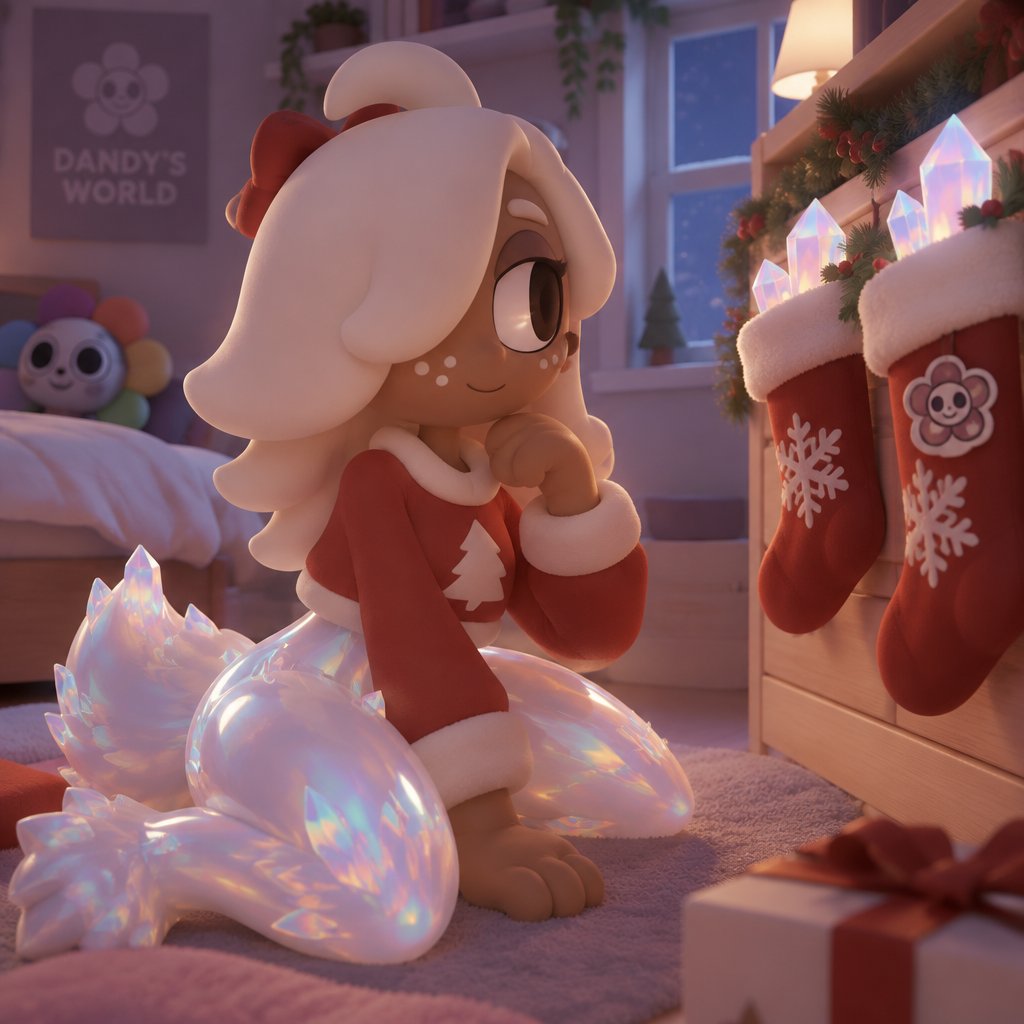 Ginger from Dandy’s world in her room noticing that her Christmas socks have opalite crystals on the top of them and she realises that she is transforming into a Opalite Werewolf but she isn’t scared considering how her legs and hips and waist are already opalite