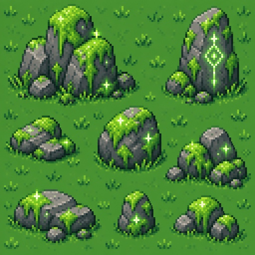  sparkling moss on rocks for a fantasy game set in modern times, top down style