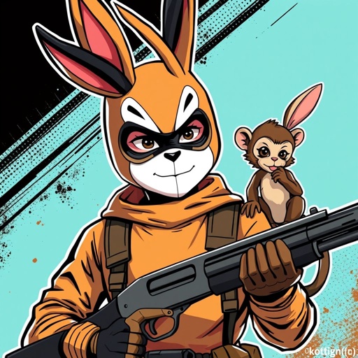 a young boy 5’6 with a tan bunny mask the mask is half black on one safe and the other is what and he has a pet monkey on his shoulder and the bunny mask has camera in it and he is holding his shotgun along with the monkey on his shoulder holding a mini baby bunny