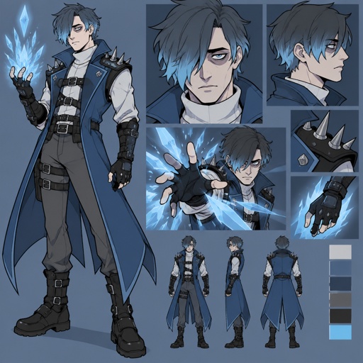 Male, pale, pale blue eyes, eye bags, short dark grey choppy hair with light blue tips hair covering one eye, white turtle neck long sleeves , blue sleeveless short trench coat, long fingerless gloves, grey pants, belts across chest, spiked on shoulders, 35, clean shaven, ice powers,  