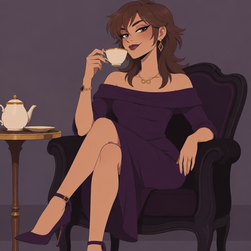 Female, slim, brown medium length smooth wolf cut hair, straight sideburns, freckles, dimples, long eyeliner, upturned nose, drinking tea, bad guy, knee length purple dress off the shoulders, jewelry, necklace infinity symbol, heels, wedding ring, smirk, no cleavage showing