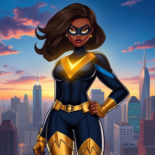 African American female superhero with hair in a shoulder length side part hairstyle with pure Gold Glowing eyes wearing a black blue and gold accented suit with navy blue pants and gold knee length boots with a V with the top half gold and the bottom half black as her chest emblem in Philadelphia