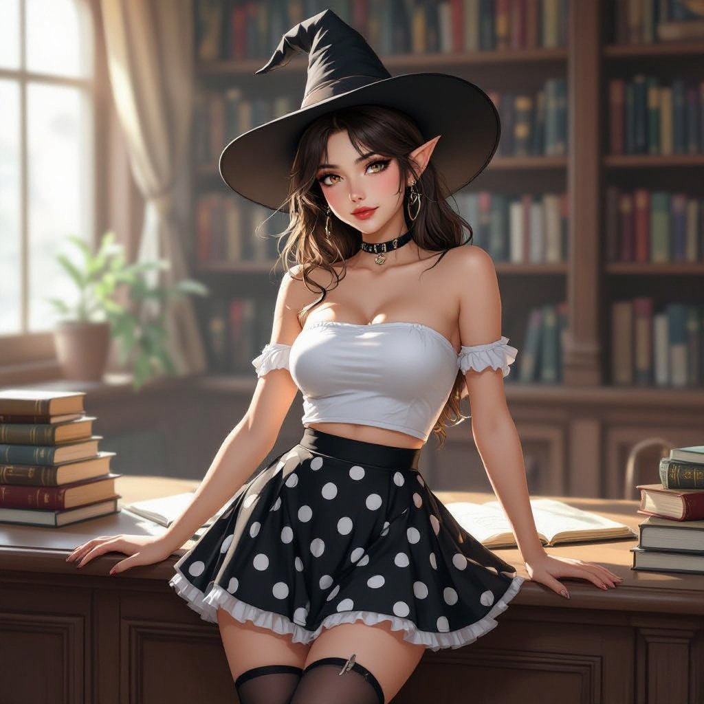 Tight Black and White Polka Dot Miniskirt Elf Witch Librarian with Brunette Hair. Tight white tube top and witches hat. Laying on top a library counter.