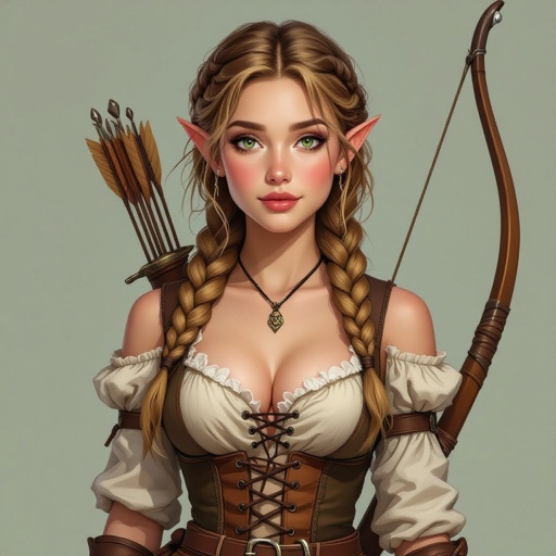 Young adult half elf woman. light brownish blonde hair that's braided into a single thick braid that comes over her shoulder. Delicate beauty, bright hazel green eyes, blushed cheeks, and plump supple lips. She's wearing cloth and leather in various earth tones, with a corset that emphasis her exposed chest cleavage. She has a scimitar in a scabbard on her belt; as well as a shoulder holster for a spell book. She has a longbow in her hand and a quiver on her back.