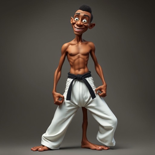 Create a character who looks like a funny African karate guy who doesn’t have a clue what he is doing. Make him have weird toes, only speedos on and a black karate belt. Make him tall skinny and slinky.