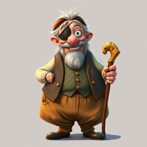 Create a funny old character who has 1 eye patched. Make him fat with a cane