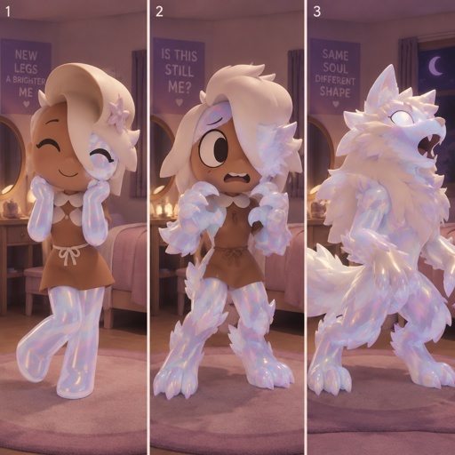 Ginger from Dandys world in her room enjoying her new Opalite legs and arms and face piece in one scene and the middle one she’s half Opalite werewolf and she’s scared and the last one she’s fully transformed 