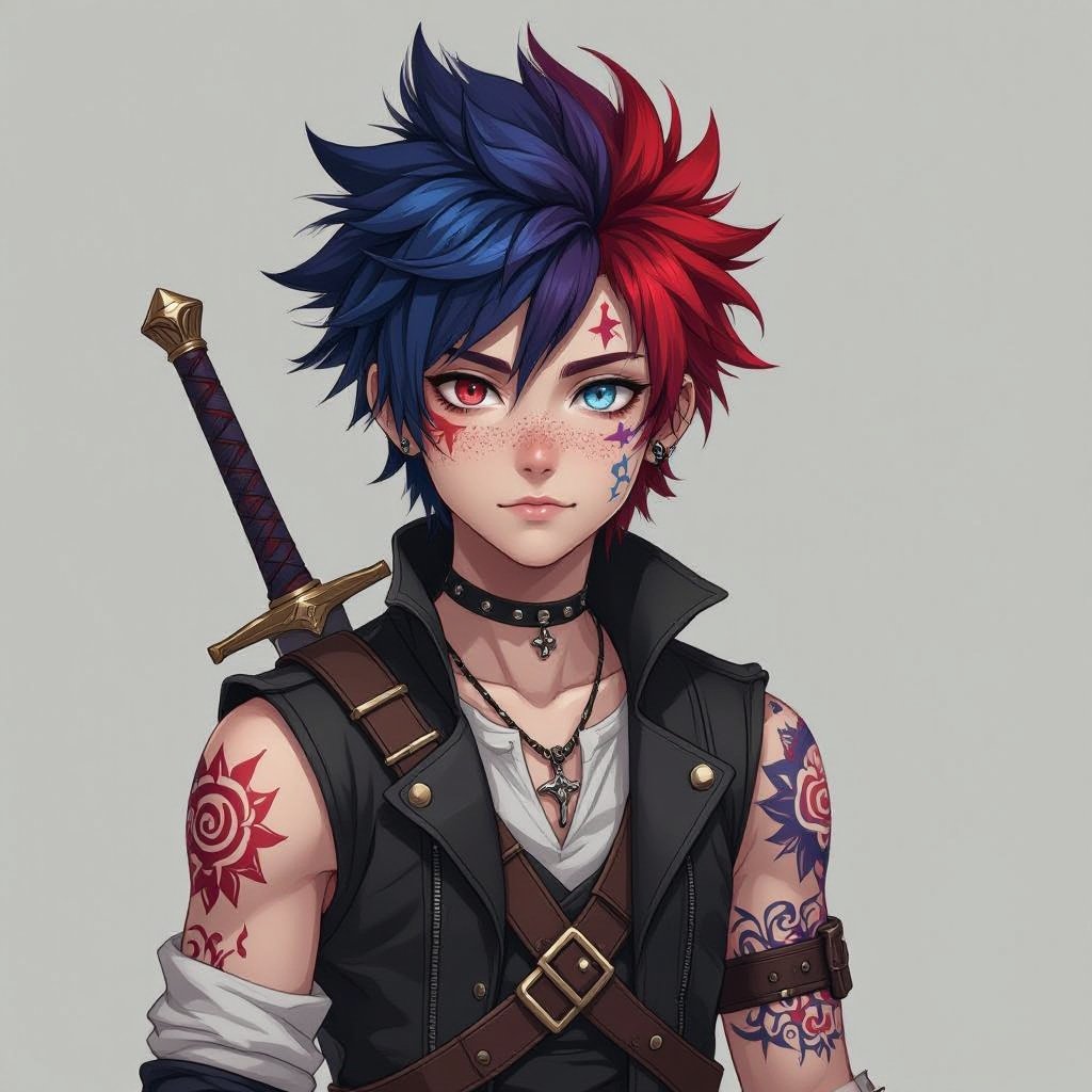 Hair: dark blue, red and at the tips it’s a dark dark purple, his hair is spiky. Eyes: are a mismatched one eye is a dark dark red almost the color of blood and the other is a light blue that’s the shade of the ocean. Facial feature: he has freckles scattered all across his face, he has birthmarks that are shaped like spirals on his cheeks, and he has a scar that starts at his right cheek just below his eye and it cuts across and stops at the top of his forehead. Other features: he has a huge back scar that cuts across his back and he covers the back scar with a tattoo of his fathers sword that is now his. The sword is very detailed and Yuri had the tattoo of the sword have flowers wrapping around the sword. Yuri has freckles on his shoulders and a little on his neck. Yuri has another tattoo on his wrist and it’s a small tattoo of a sword. Yuri has wrist scars all over his wrist, and he has a huge scar on his right arm that starts from his shoulder and stops at his elbow. Outfit: Yuri likes wearing black slacks that are very loose around his legs and a belt. He wears a white shirt that’s either sleeveless and compression or I just a white shirt that fits his body well. He wears - leather jacket that’s loose around his arms and it’s very easy to move in. Yuri has a necklace of a shard of glass that’s shaped almost like the sun and moon combined. Yuri would wear glasses from time to time but only when he reads. Yuir wears boots most of the time but he would change into regular shoes.