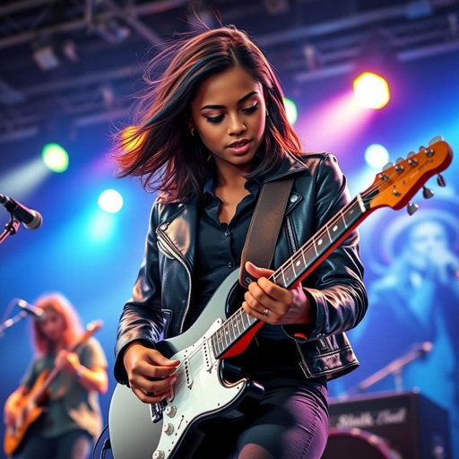 A teenage darker skinned African American woman with glasses shoulder length brown hair with highlights in a side part style wearing black leather jacket with blue accents black jeans a dark blue shirt on a stage playing a Flying V electric guitar with a band