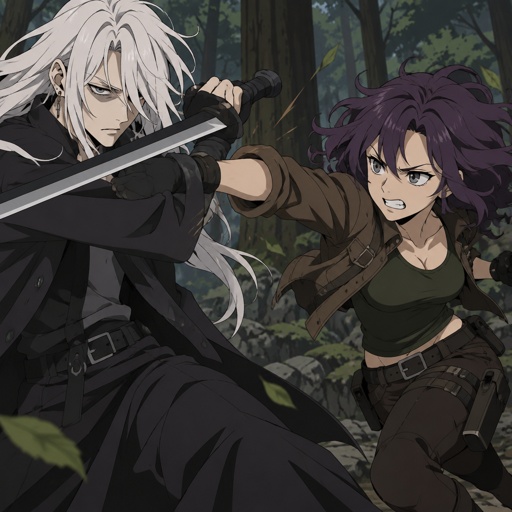 Anime style, male, name kai, highly skilled in fighting all fighting styles and weapons, long long white hair half in face, dark bags, white skin,earrings, history unknown, Female, name is Beth, medium wavy dark purple hair, gray eyes, short, open jacket with a dark green shirt, she is a Bounty Hunter for hire, there fighting in the woods looking at each other Beth with and angry face and Kai with a serious face both are glaring,Beth is a agents