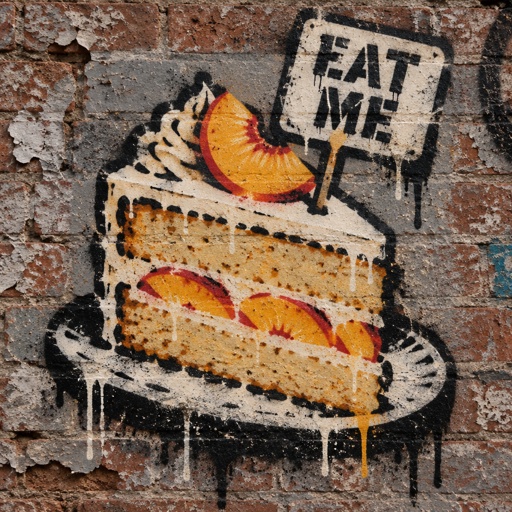 Slice of vanilla peach cake with a sign that says eat me 