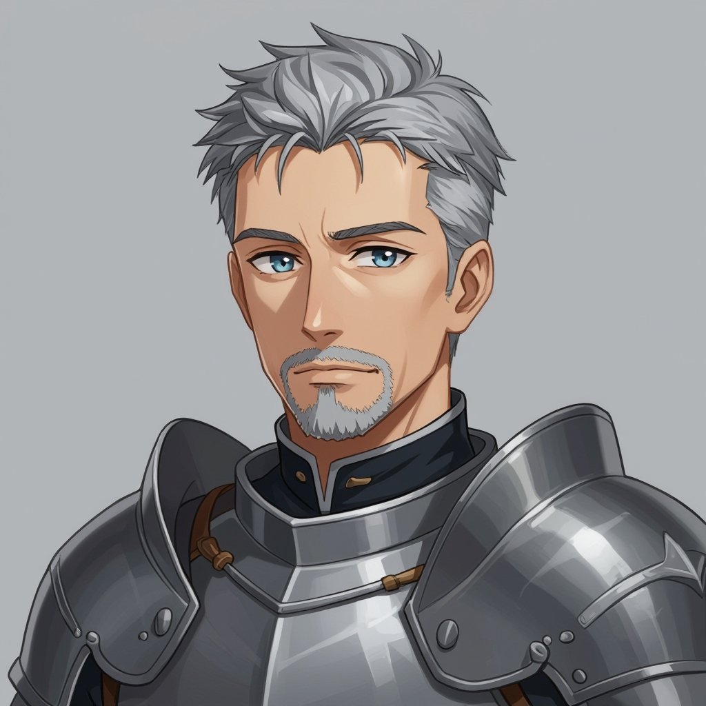 Older man, salt and pepper short hair, knight, portrait
