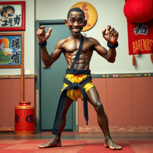 Create a character who looks like a funny African karate guy who doesn’t have a clue what he is doing. Make him have weird toes, only speedos on and a black karate belt. Make him tall skinny and slinky.