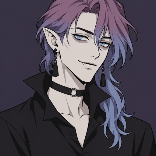 Male, pale, vampire, thin, light blue eyes, cheekbones, medium length brushed smooth hair, all back hair over right shoulder,  bangs, pinkish purple and light blue hair gradient, tassel earrings, jewelry, black button up shirt with upturned collar , choker, smirk, eye bags, pointy ears