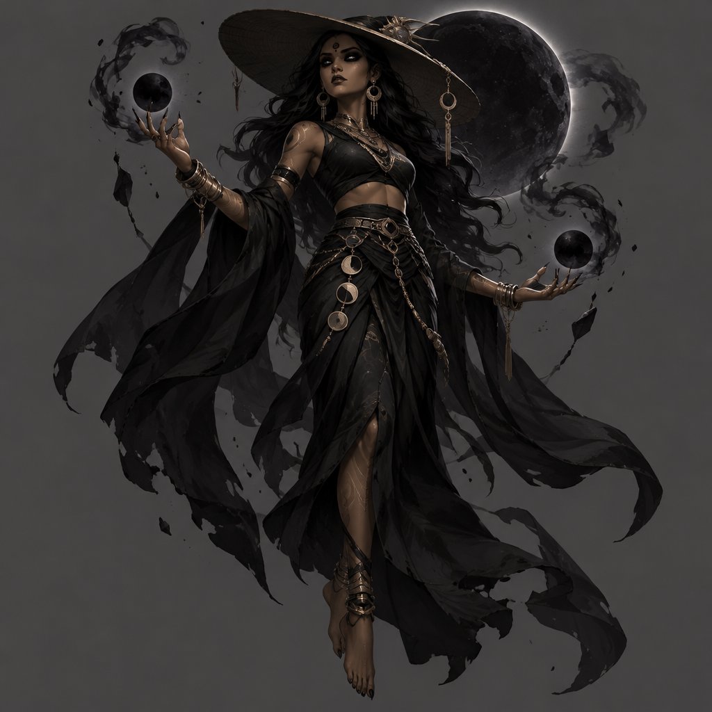 Female Villain with black moon abilities, black eyes, sun hat, floating, Indian, Full body