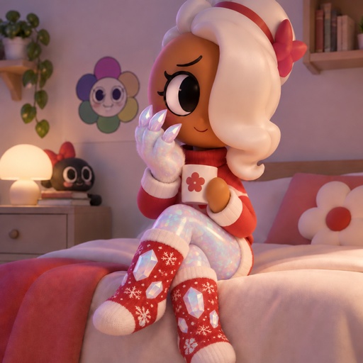 a doll sitting on top of a bed in a bedroom