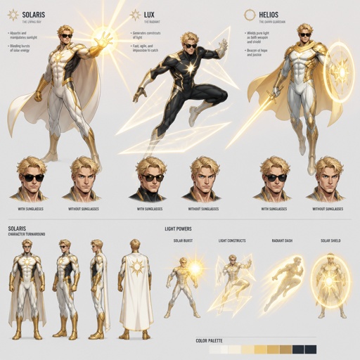 Male superhero with light powers, sunglasses, blonde, wears glasses when not a superhero,multiple of the same character 