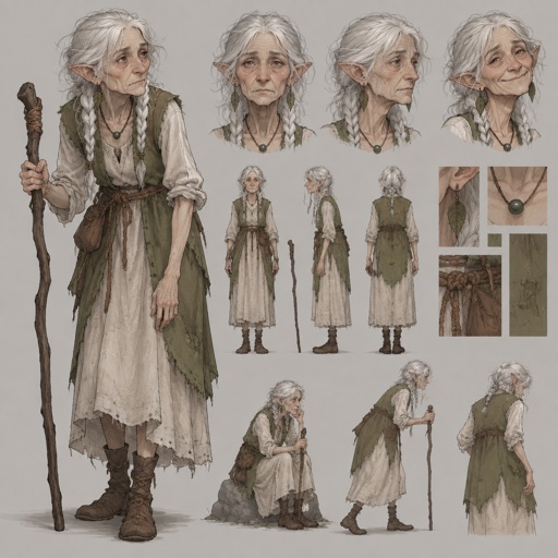 Female, wrinkled, slim, two braids, messy white hair, skinny, leaf earrings, dress, green vest, brown rope around waist, slightly pointy ears, one bead necklace, walking stick, slightly hunched, concept, poses