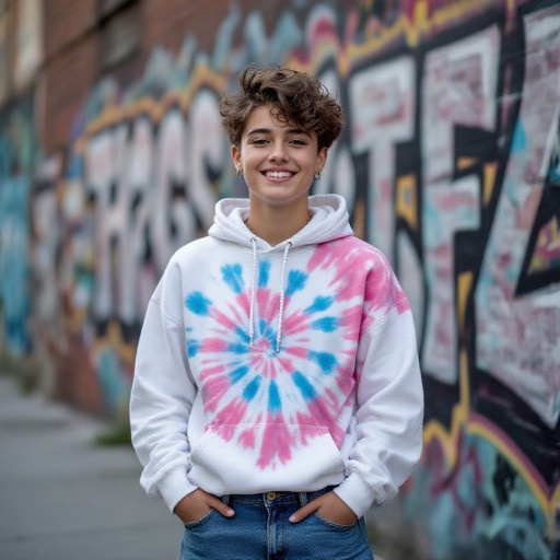 Eccentric non binary 18 year old In jeans a white Hoodie and an pink tye-dye t-shirt