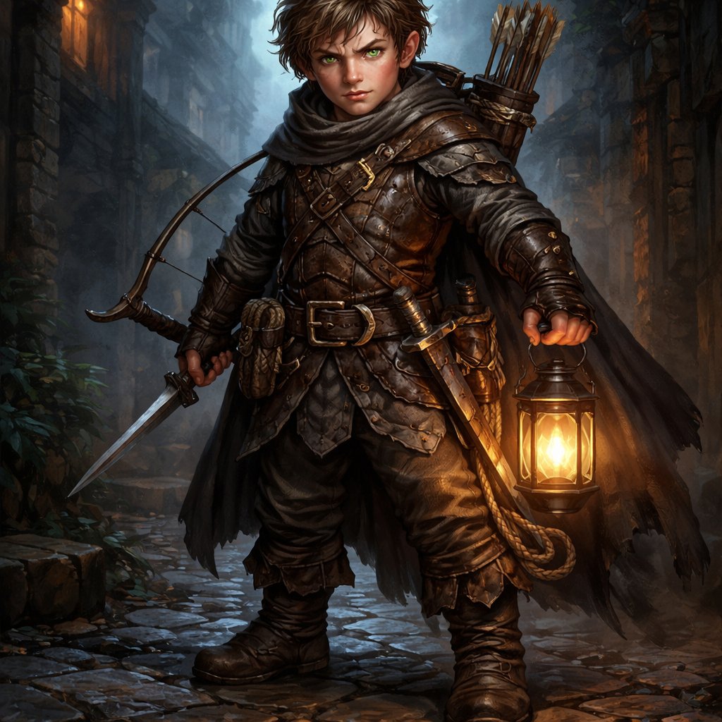 Thomas is a halfling rogue and former thief hardened by roaming the streets of a capitol city stealing to survive. He has dark blonde hair, grey clothes and is equipped with a shortbow, dagger, leather armour, shortsword, rope, thieves tools and a lantern