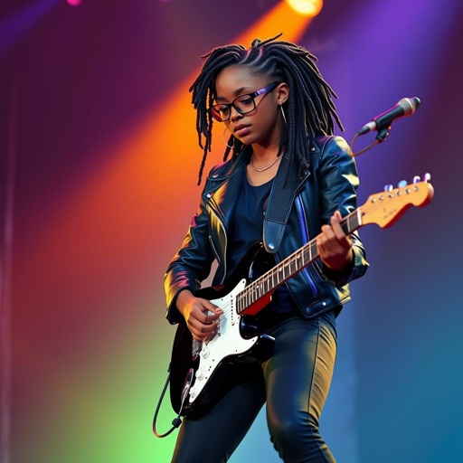 A teenage African American woman with glasses long locs in a side part style wearing black leather jacket with blue accents black jeans a dark blue shirt on a stage playing a Flying V electric guitar 