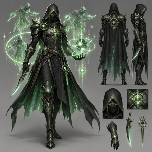 assassin green shiny cosmos color mostly black, healing factor, illusionist
