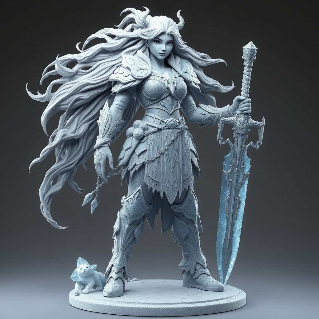 Create a battle woman hero called Alvara the Frostheart. Show full body head to toe including shoes