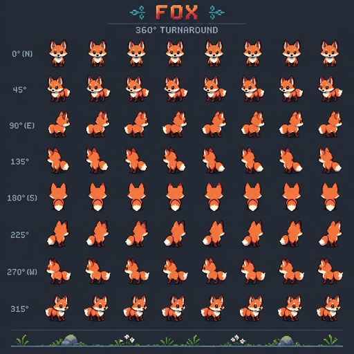 Animal fox for a fantasy game set in modern times, top-down style, 360, different colors