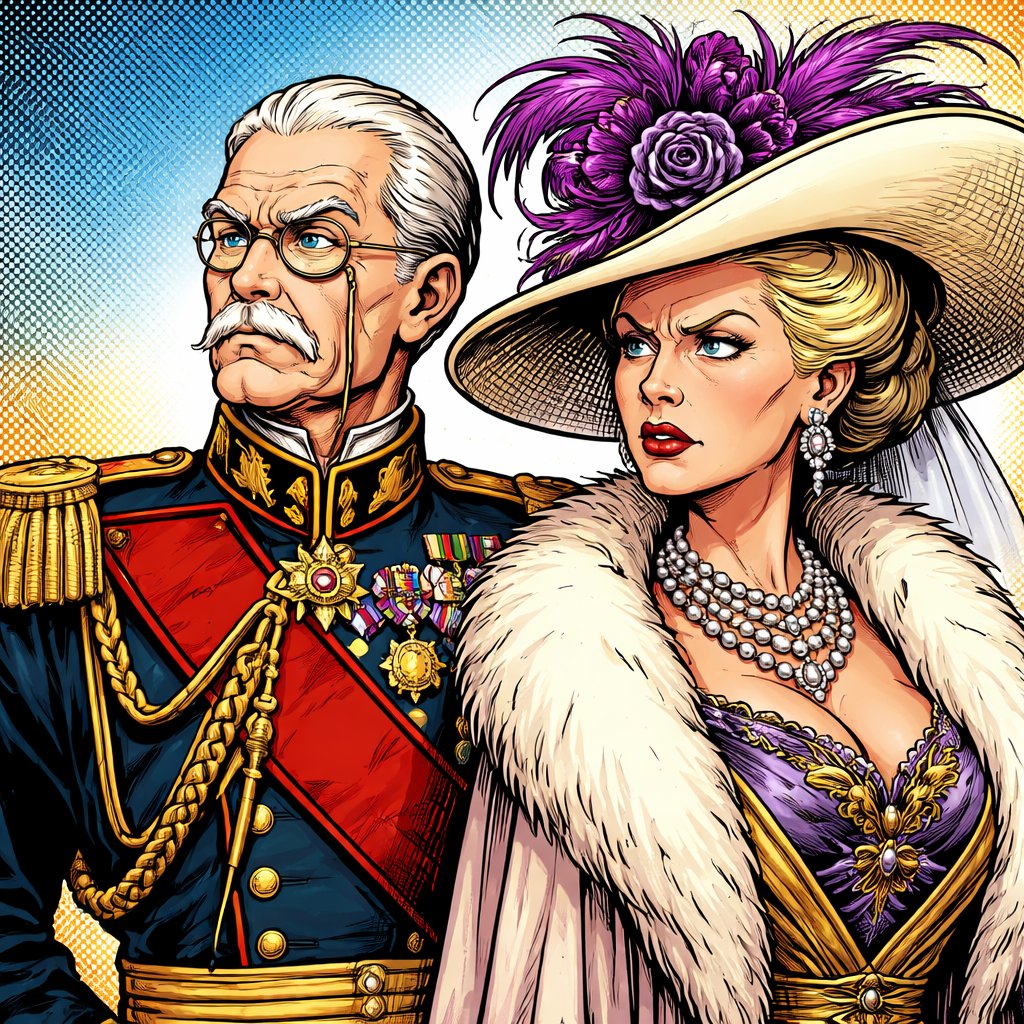 An elderly count with a monocle in full dress uniform stands beside his wife who wears a large hat and is very wealthy. Both are angry about something off screen and are looking stage left .something off screen.