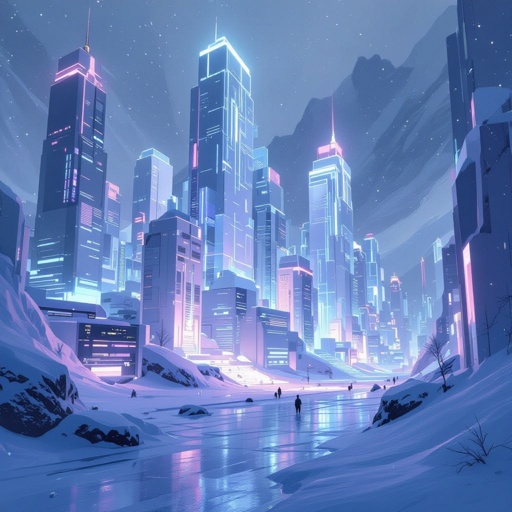 Snow climate with white buildings and lights