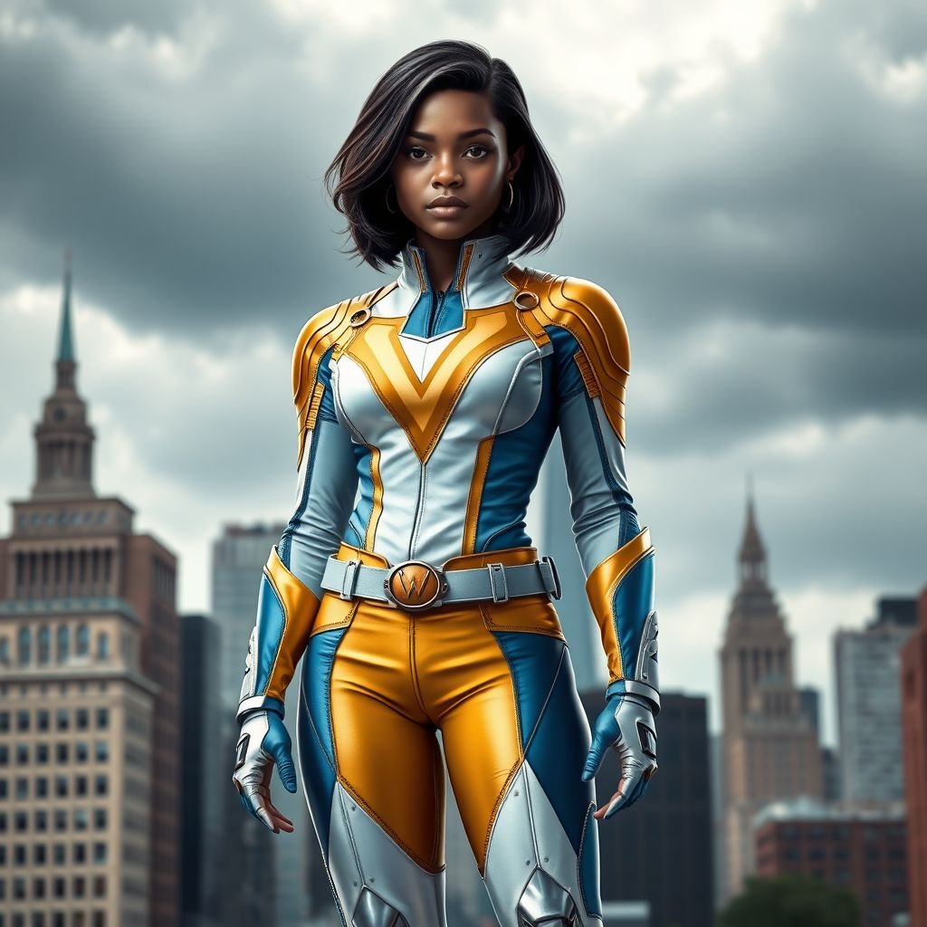 A teenage African American female superhero with hair in a shoulder length side part style wearing a partially homemade white and Gold suit with blue accents and a stylized V as her chest emblem a utility belt and silver boots standing in Philadelphia during a cloudy day