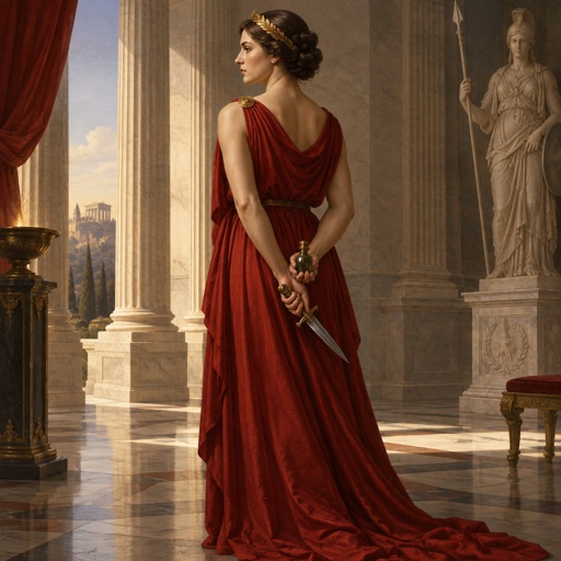 Woman in a scarlet dress with a knife and a bottle of poison behind her back 