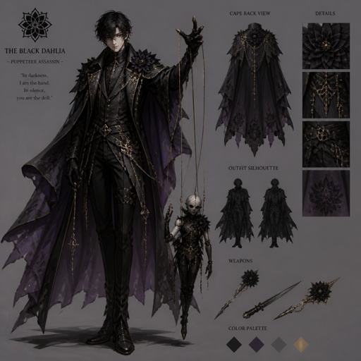 male assassin with the ability to puppeteer outfit design black dahlia
