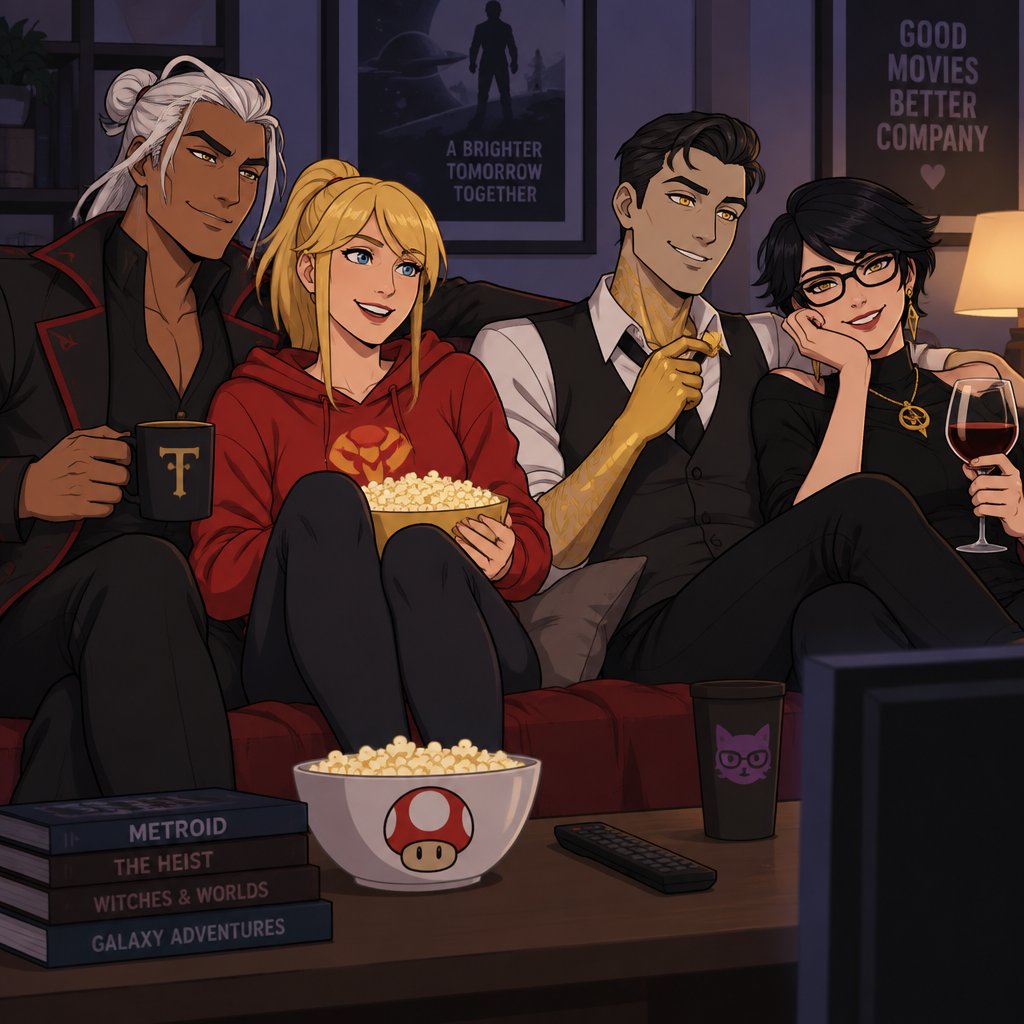 Kado Thorne from Fortnite pale white hair medium length back hair bun clean shaven, Samus Aran zero suit, Midas from Fortnite not gold skin clean shaven, Bayonetta from super smash bros short hair, all watching a movie, all wearing casual clothes, double date