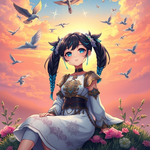 A young female with fair skin and vibrant teal eyes. Black hair with cyan tips in the form of two short braids. Wearing a goddess two-piece outfit (top and trousers) sitting on a hill watching pigeons fly from a very far distance