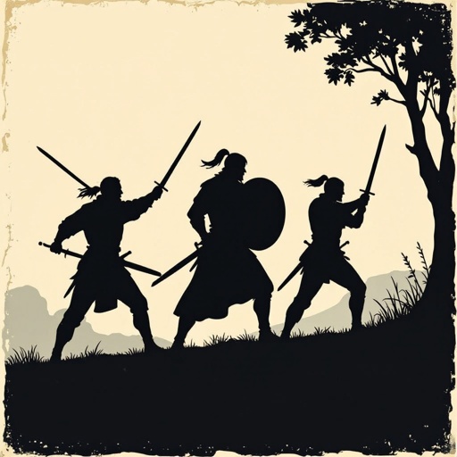 A historical world with kingdoms with some men having swords drawn