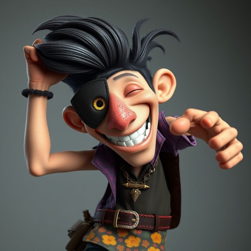 Create a funny adult guy name one eye Willy, who has one eye patched, show entire body head to toe 