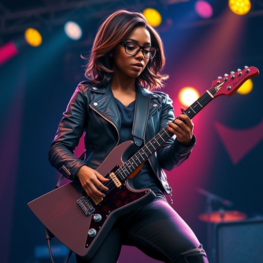 A teenage darker skinned African American woman with glasses shoulder length brown hair with highlights in a side part style wearing black leather jacket with blue accents black jeans a dark blue shirt on a stage playing a Flying V electric guitar with a band