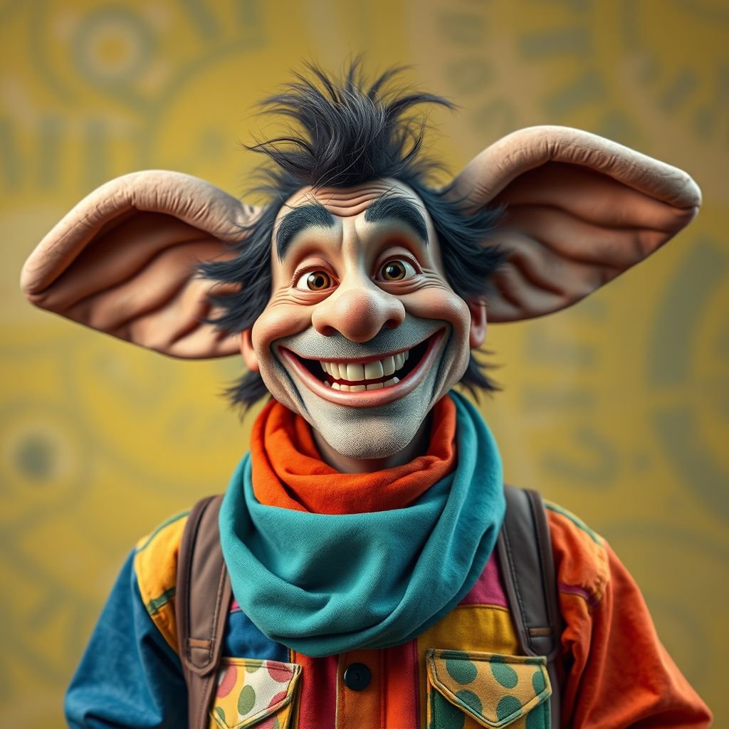 Create a funny guy who has big ears , show entire body head to toe 