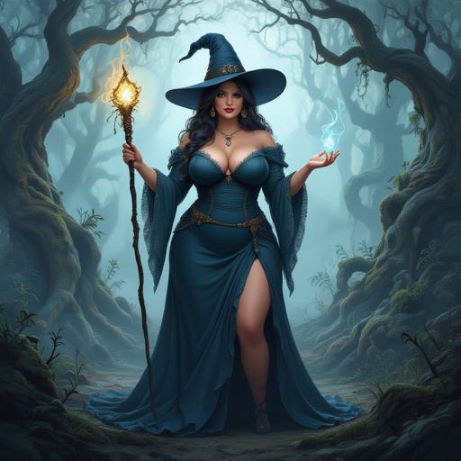 A full body portrait of a curvey plus size witch with long hair and a very dark grey-blue witch hat that matches with her dress with a wand in her hand, standing in a rotting forest