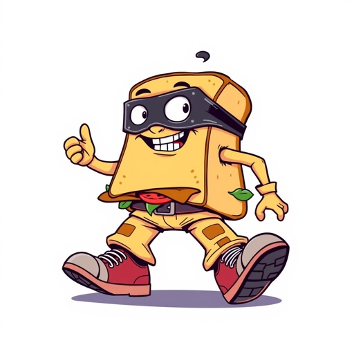 Create a funny looking clumsy sandwhich thief with funny shoes on. Make him have on the bandit black thing around his eyes 