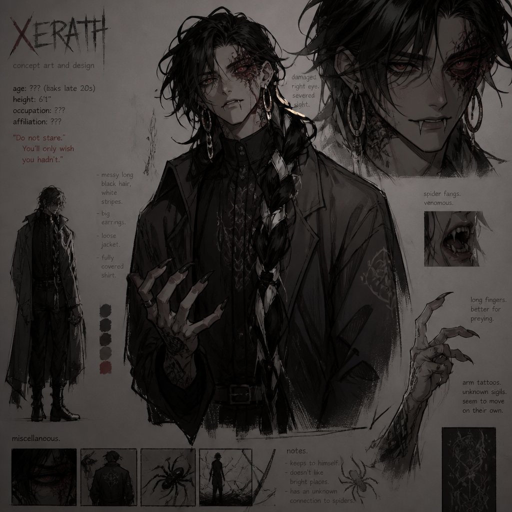 Anime male,hair messy long braided black hair with white stripes,clean shaven,highly skilled,in late 20s,migraines,sarcastic,red glowing eyes,one eye is severely damaged,serious face,been experiment on for many years until finally found and rescued ,has power of a spider and control spiders make traps poison and crawl on walls and ceiling dangerous,glasses,wears a loose jacket a nice fully covered shirt ,loves spiders, nice big earrings,tattoos on arms that means arachnid and on left arm tattoo that says sub 389,helps people but on his terms,doesn't remember anything from his past except the experiments, long scary fingers, spider fangs, traumatized,special agency is keeping an eye on him