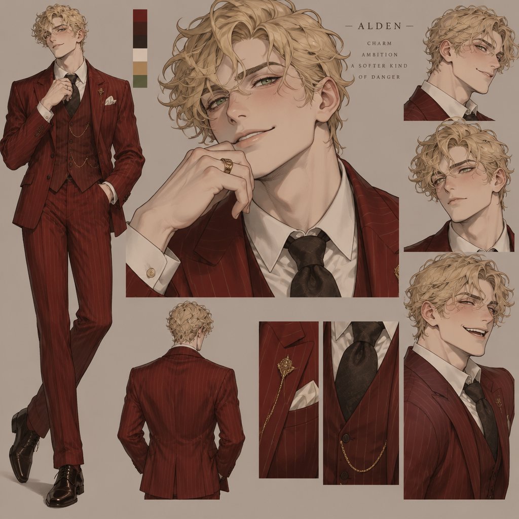 male blonde curly hair, green eyes, blush, red pinstripe suit, smirking