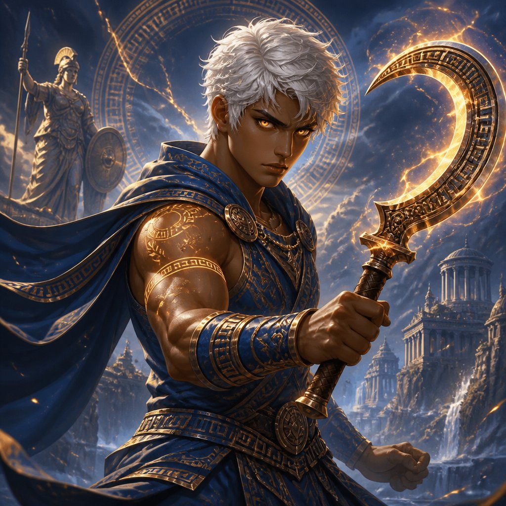 Short white hair with orange irises tanned skin young male wearing blue Greek style armor with a wielding Greek style sickle