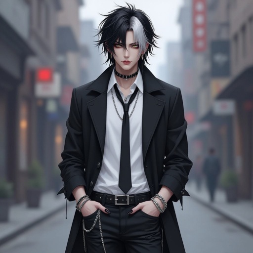 Good looking hót  Black nail polish Pale skin, longer Messy black and white  hair with a few bleached white strands hair Bangs Black eyeshadow black lipstick White buttons shirt Black large baggy jeans Long black coat Very Loose black tie Lot of silver jewellery Chains belts Rings Bracelets and necklaces  Rings Underground Tall slim Goth Really handsome male Charakter, Mak