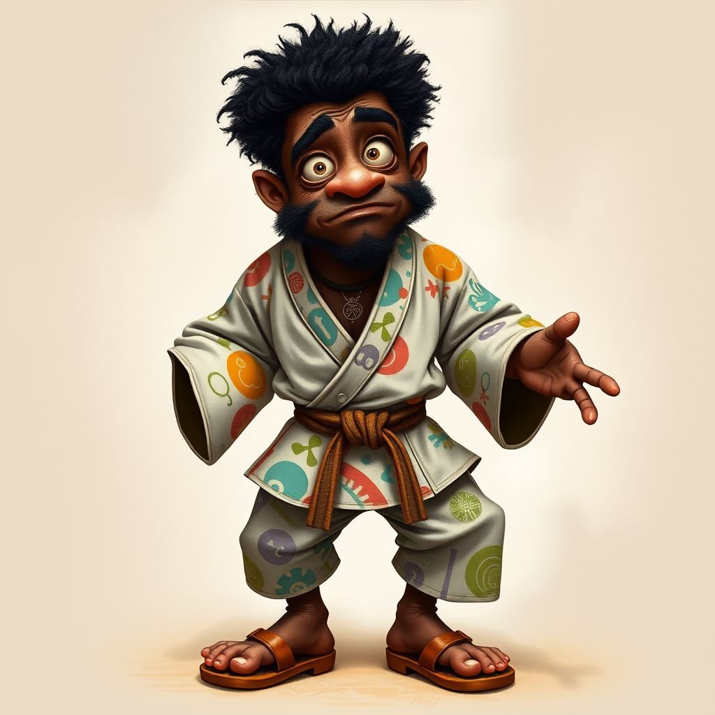Create a character who looks like a funny African karate guy who doesn’t have a clue what he is doing. Make him have weird toes