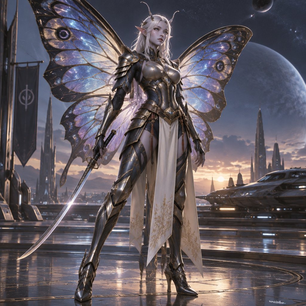 A gorgeous alien butterfly woman in a futuristic space samurai armor. Show whole body.