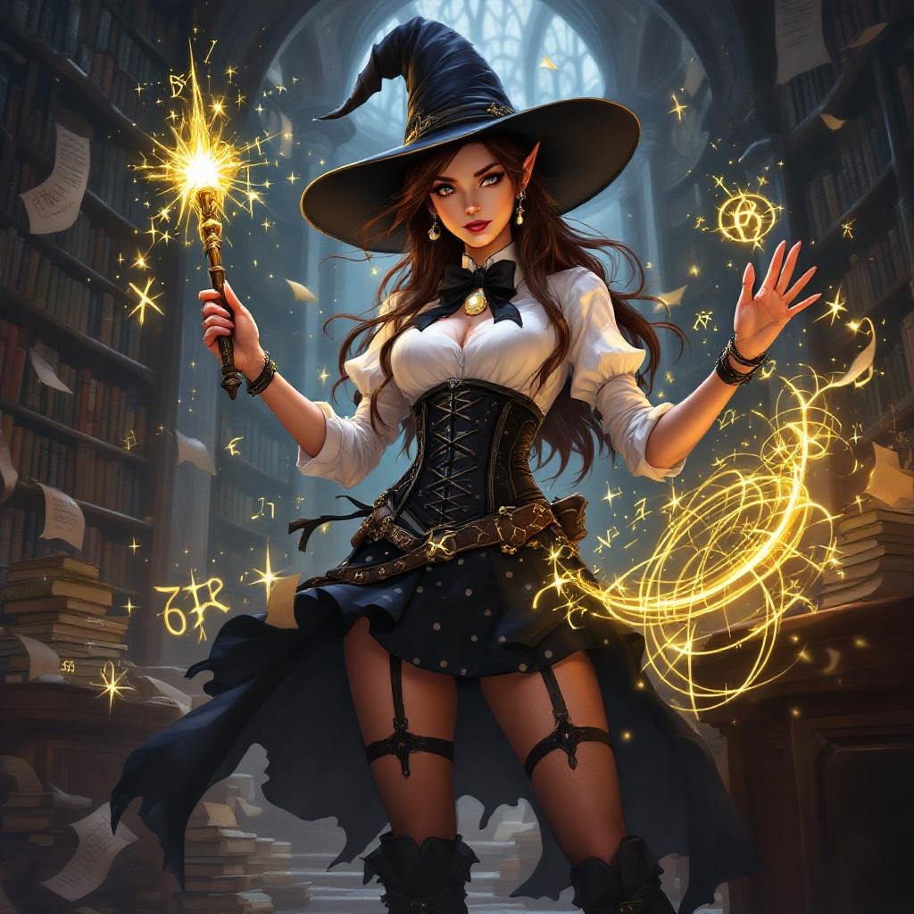 A full-body semi-realistic fantasy illustration of Mythanna Junedae, a High Elf Wizard of Abjuration, standing in a grand enchanted library as if preparing for battle. Towering shelves and glowing lanterns line the hall, but tomes and scrolls now float wildly around her in midair.
Mythanna’s stance is strong and commanding: legs planted apart, stockings and shin-high rune-stitched boots clearly visible. She holds her glowing Wand of Magic Missiles raised in one hand, and her other hand traces a circle of luminous abjuration runes in the air. Wards flare around her in golden light, forming protective circles and glowing shields.
Her appearance:
- Face and hair inspired by Barbara Palvin — soft but determined, brunette waves flowing with magical wind.
- White blouse with long sleeves, dramatic black bow tie, snug rune-stitched corset band.
- High-waisted skirt with bold black-and-white polka dots, sleek and fitted, cut mid-thigh.
- Dark stockings stopping just below the hem, leaving a teasing strip of bare thigh visible.
- Shin-high rune-stitched boots.
Signature items:
- **Hat of Wizardry** — tall, tilted, subtly patterned with arcane polka-dots, glowing runes swirling around it.
- **Pearl of Power** — glowing jewel at her throat beneath the bow tie.
- **Wand of Magic Missiles** — held aloft in one hand, glowing brightly as arcane missiles orbit it.
Her expression is no longer coy but fierce, her abjurist power on full display. The mood is dramatic fantasy: playful parody aesthetic still intact, but with genuine magical authority radiating through the glowing wards and floating tomes.
SEXY BRUNETTE