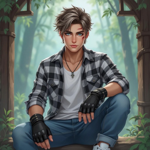 A 20 year old guy with grey eyes, light brown hair styled in a loose undercut modern curtain, wearing white airforce shoes, a white under shirt with a grey, black, and white plaid shirt with blue jeans, scar on the right eyebrow, hands are black open fingered gloves
